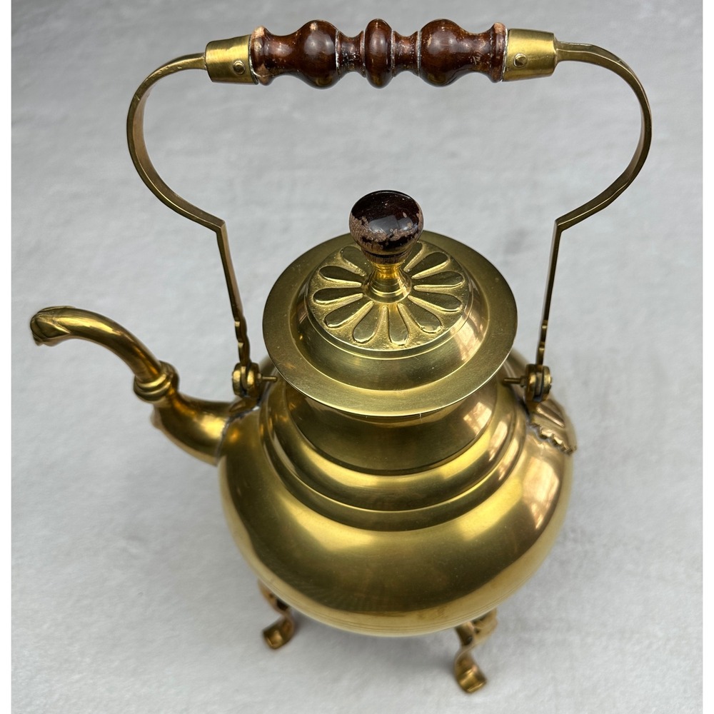 Vintage‎ 70s Brass Teapot with Wooden Handle and Stand Decorative Kettle